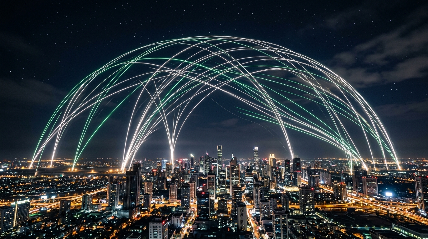 SSME Dome interceptor trails forming protective shield over city at night
