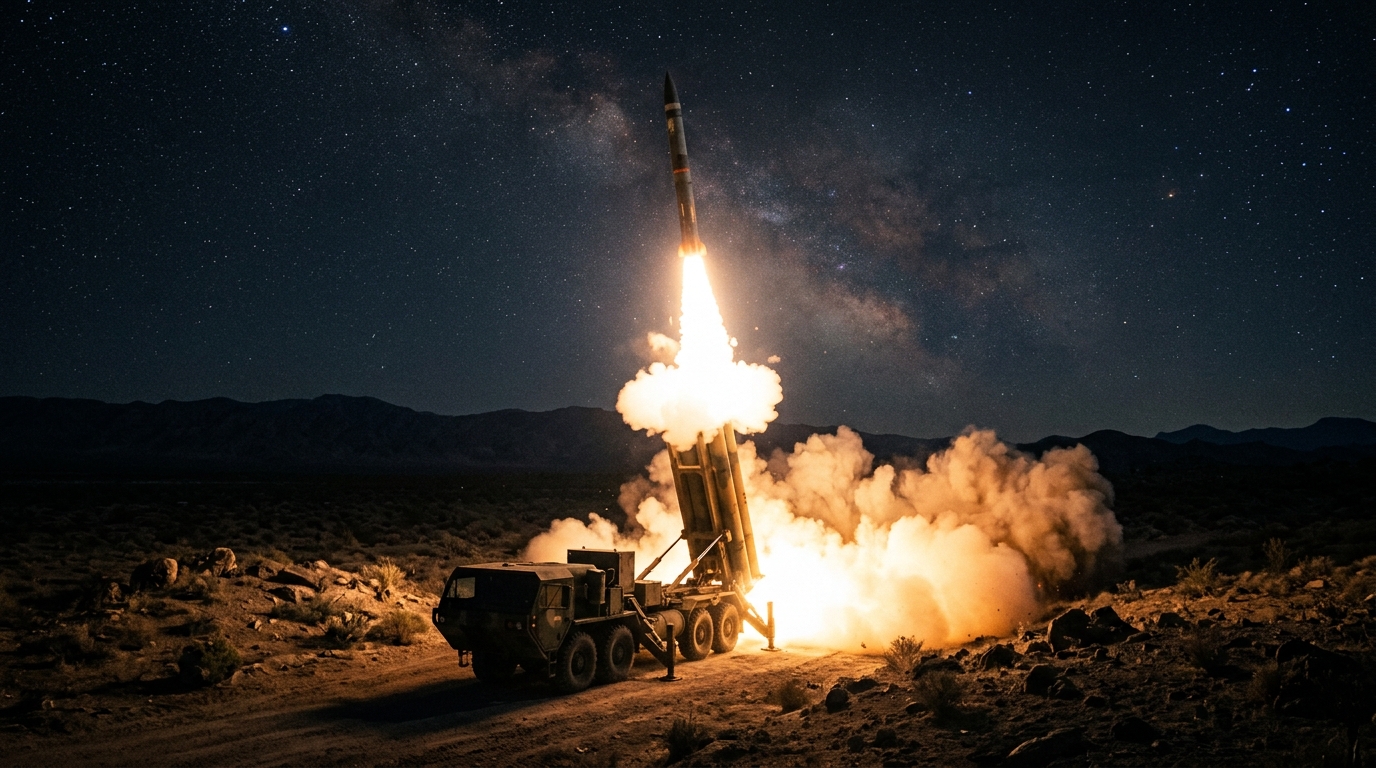SSME Dome interceptor missile launch with rocket exhaust illuminating desert terrain