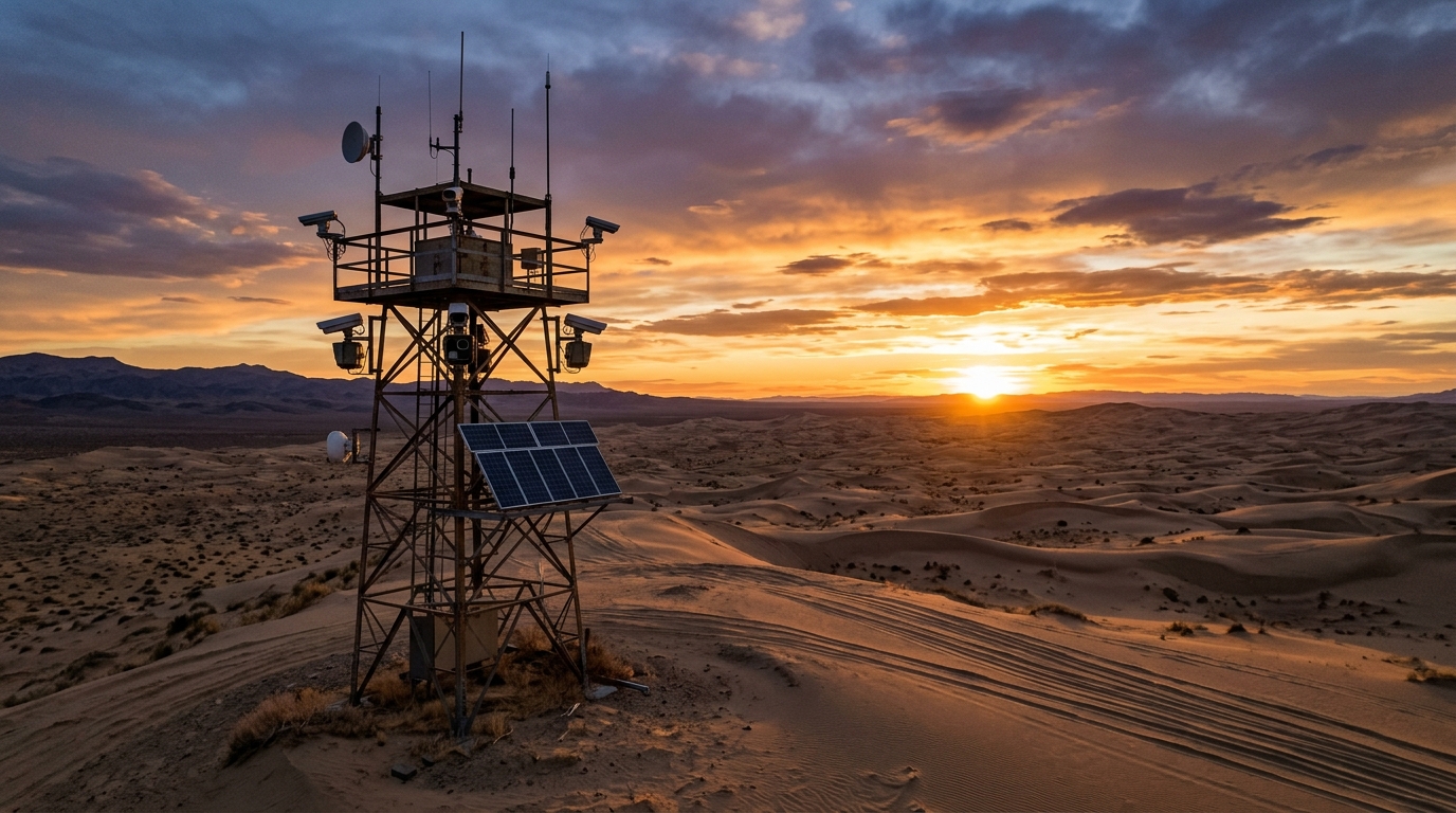 Solar-powered sensor tower deployed in desert terrain for continuous border surveillance operations