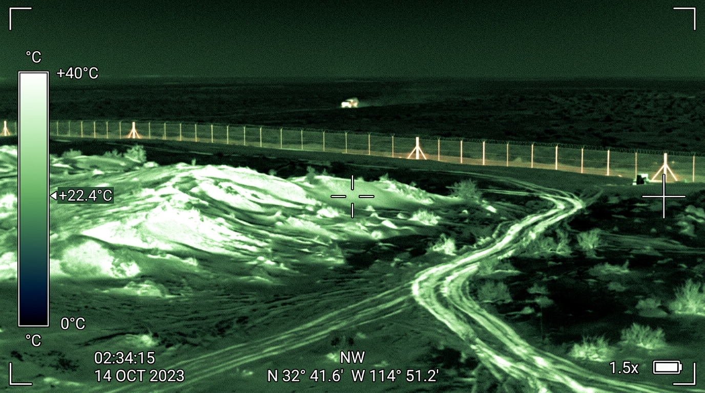 Thermal infrared imaging view showing detection of personnel crossing desert terrain at night