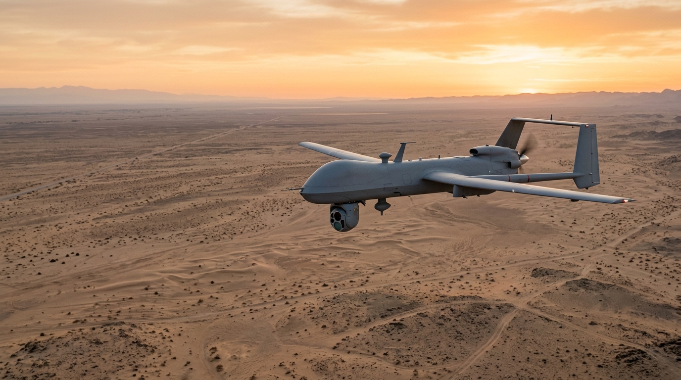 Long-endurance UAV conducting autonomous border patrol over vast desert terrain