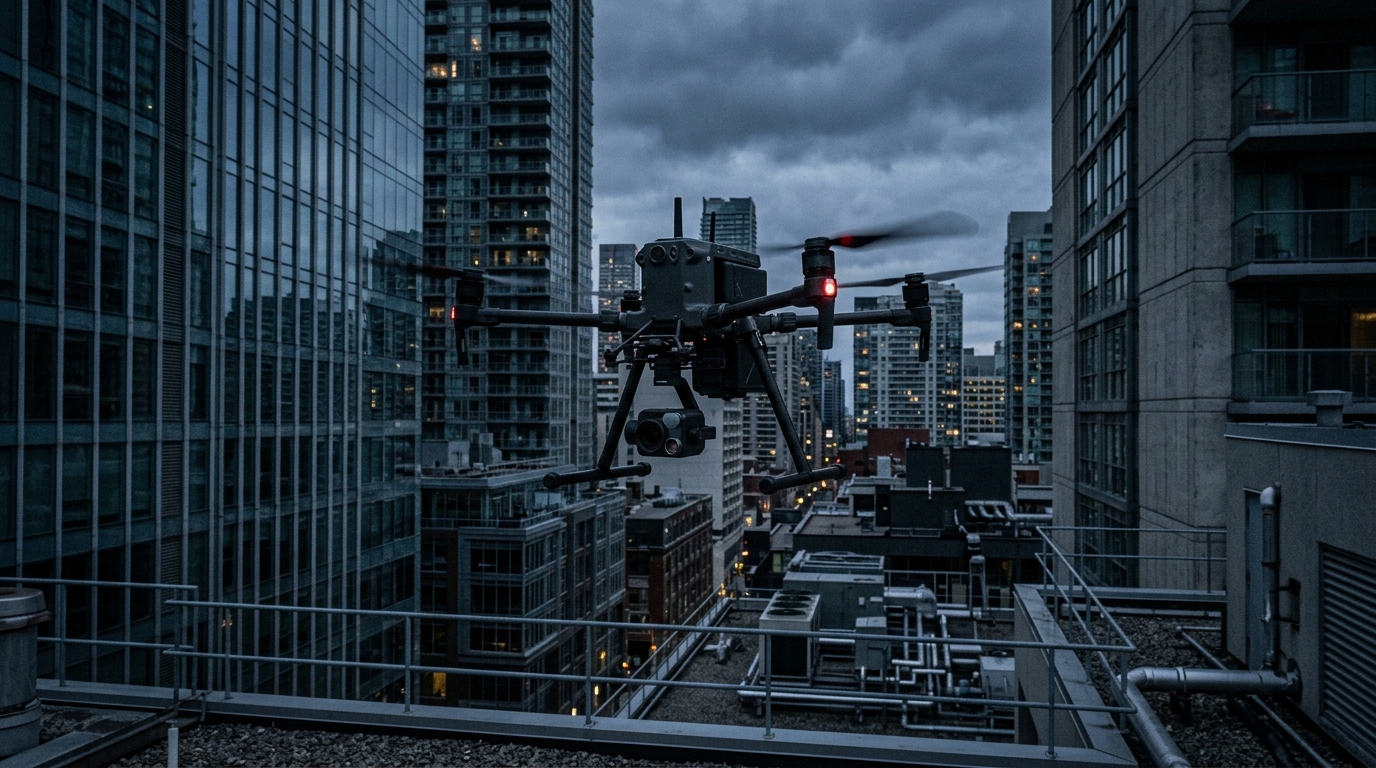 VTOL drone conducting close-range ISR in an urban operational environment
