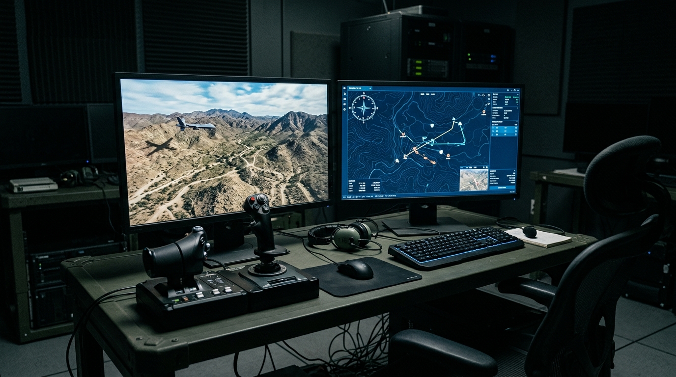 Ground control station operator managing UAV ISR mission with real-time video feeds