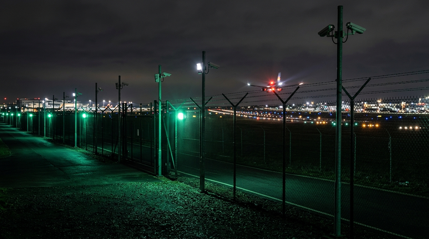 Airport perimeter security system with integrated surveillance and detection sensors