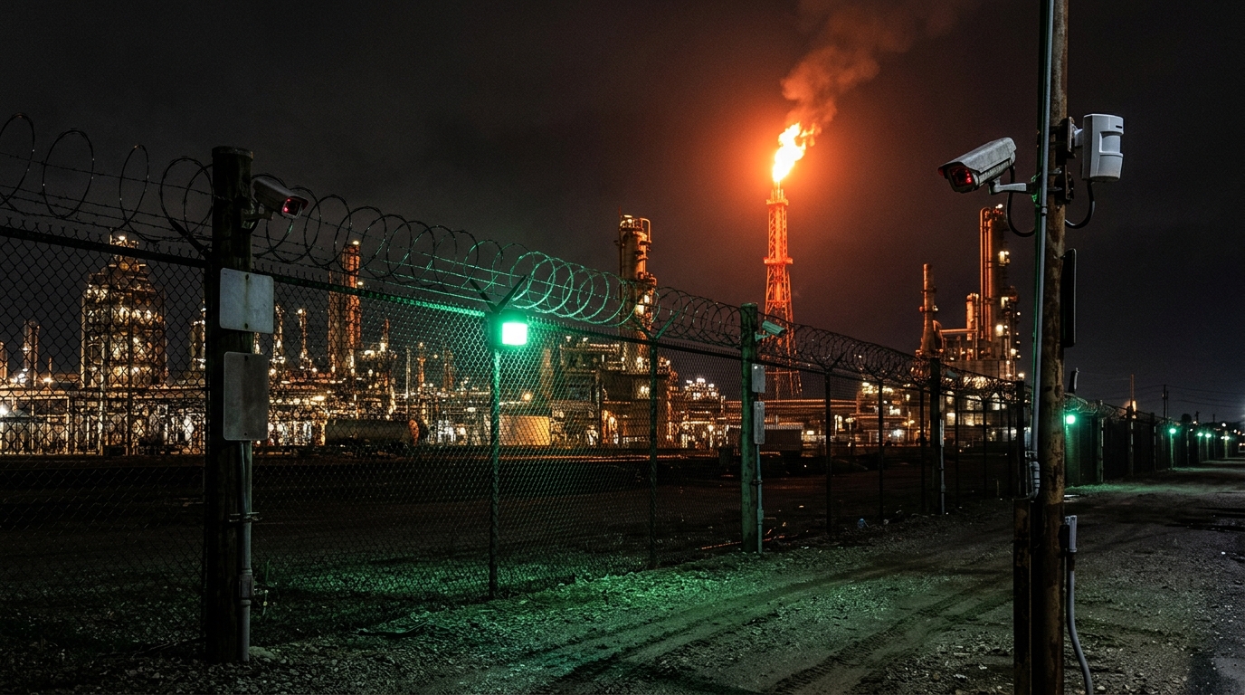 Energy refinery complex with integrated perimeter security and surveillance systems