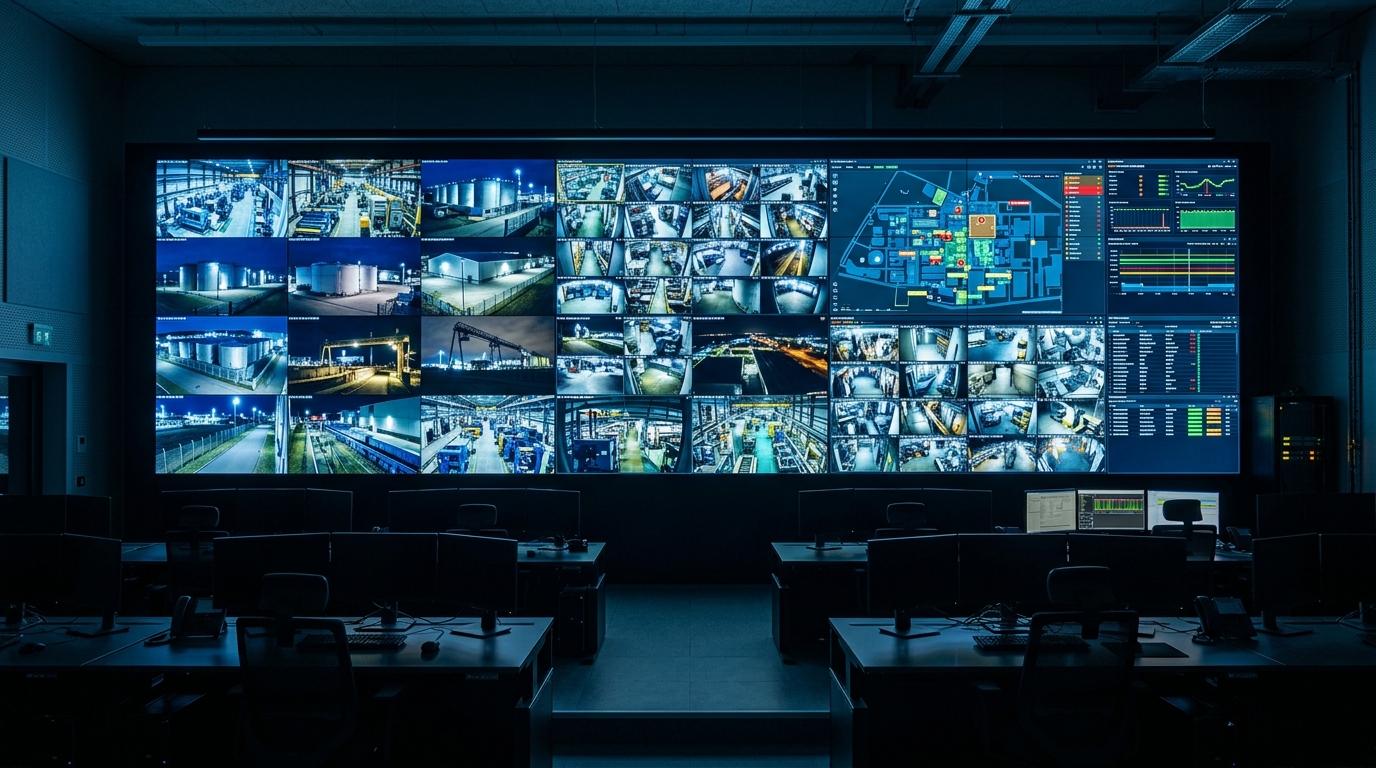 Security operations center with integrated displays showing surveillance feeds and alarm management