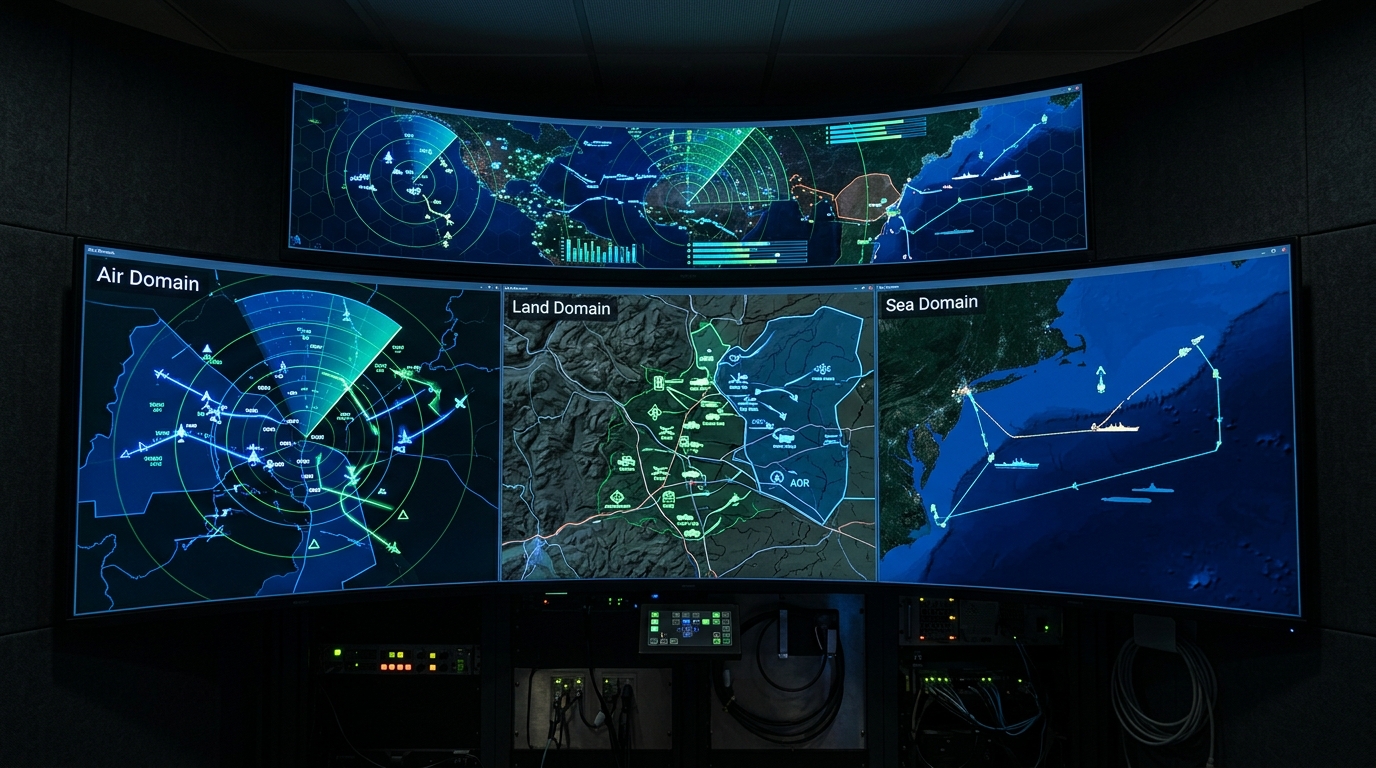 Multi-screen tactical display showing integrated operational picture across domains