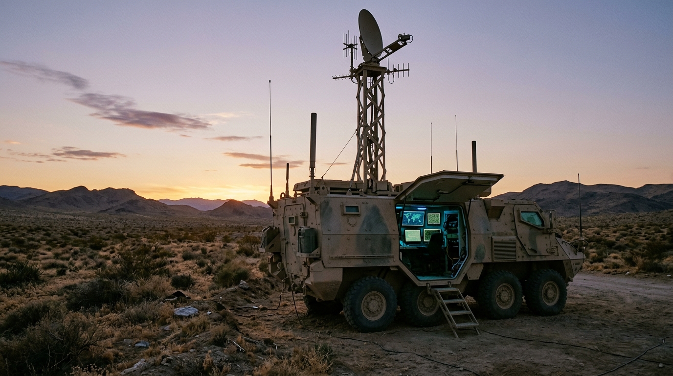 Mobile command vehicle equipped for field deployment with satellite communications