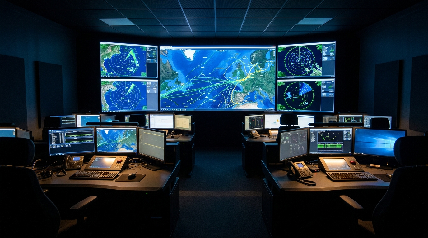 Maritime operations center with multiple displays showing vessel tracking and domain awareness