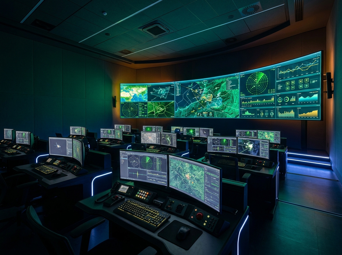 Command and control center with situation awareness dashboards and sensor fusion displays
